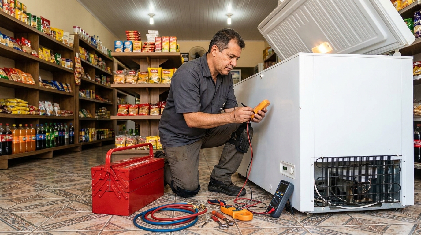 Recarga de gás refrigerante no freezer durante atendimento em Campos dos Goytacazes‑RJ