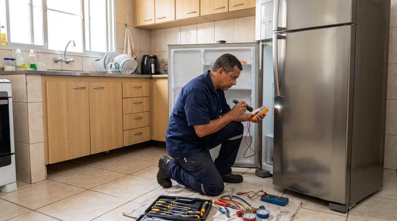 Técnico aplicando recarga de gás refrigerante em geladeira em Campos dos Goytacazes‑RJ